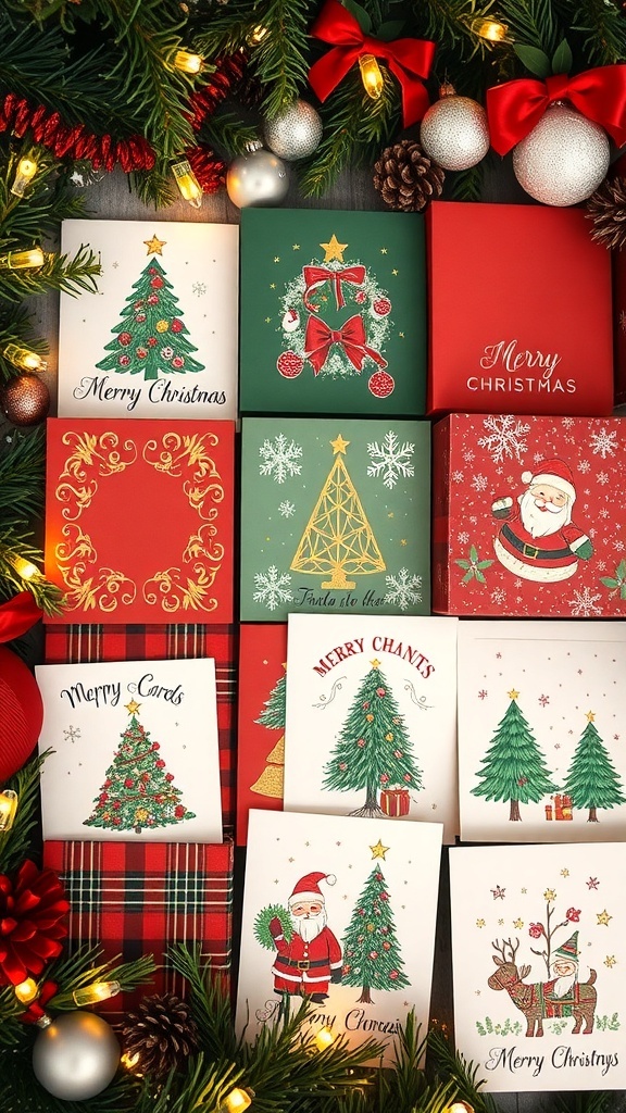 A collection of colorful Christmas cards displayed with festive decorations.